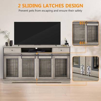 60.6 Inch Double Dog Crate Furniture, 2-In-1 Dog Kennel Furniture with 2 Sliding Doors and Thick Iron, Wooden Large Dog Crate with Divider for 2 Dogs