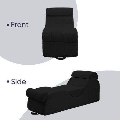 25" Wide Corduroy Yoga Chair, Yoga Lounge Chair for Adults, Chaise Lounge Chair Indoor/Yoga Lounger with Headrest, Waist Cushion, Movable Footrest, Side Pockets, High Density Sponge-Black