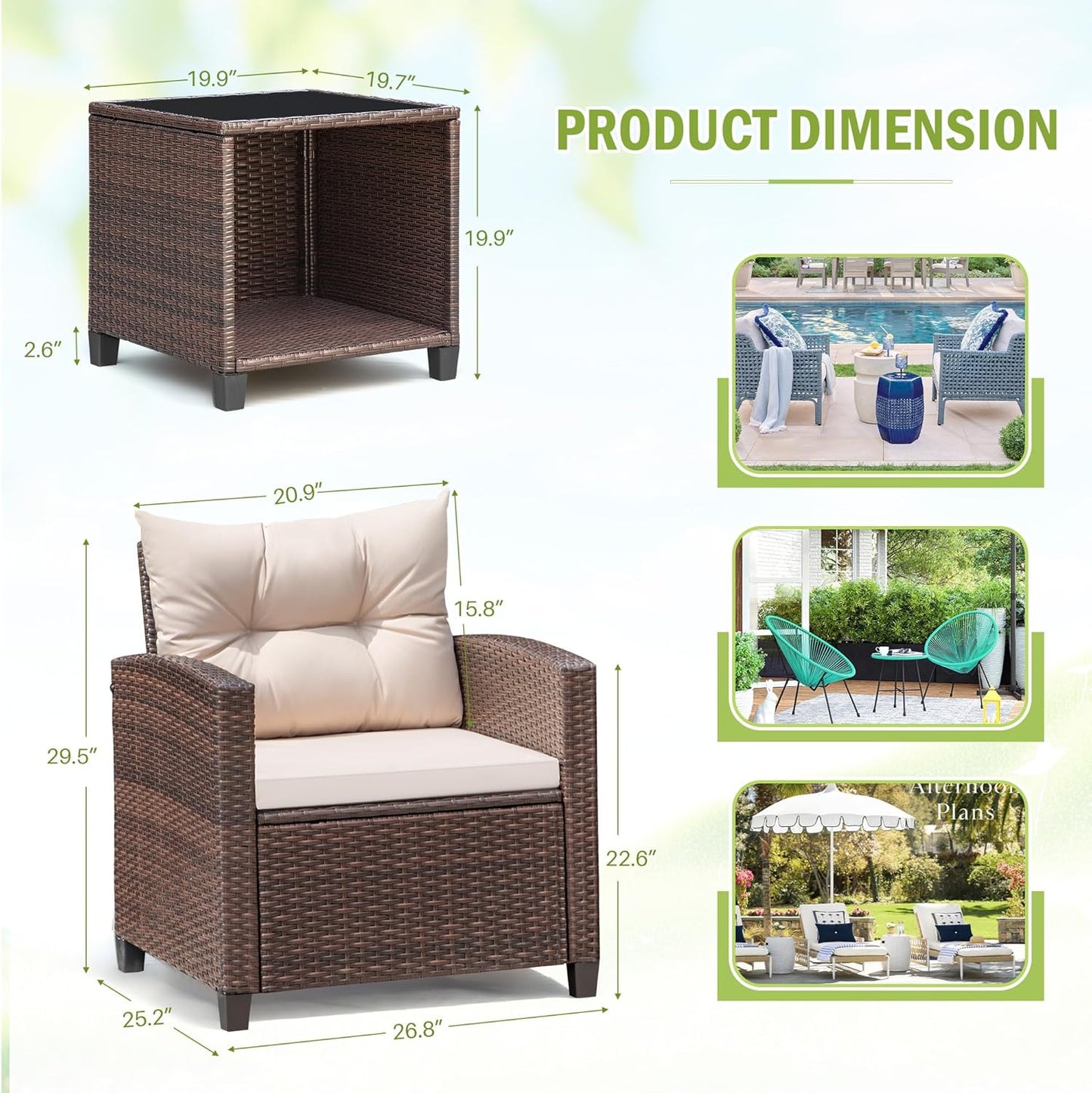 3 Pieces Patio Furniture Set, PE Rattan Wicker Patio Set with Two Outdoor Chairs and Table, Upgraded Patio Chairs and Table for Porch, Garden Poolside Balcony