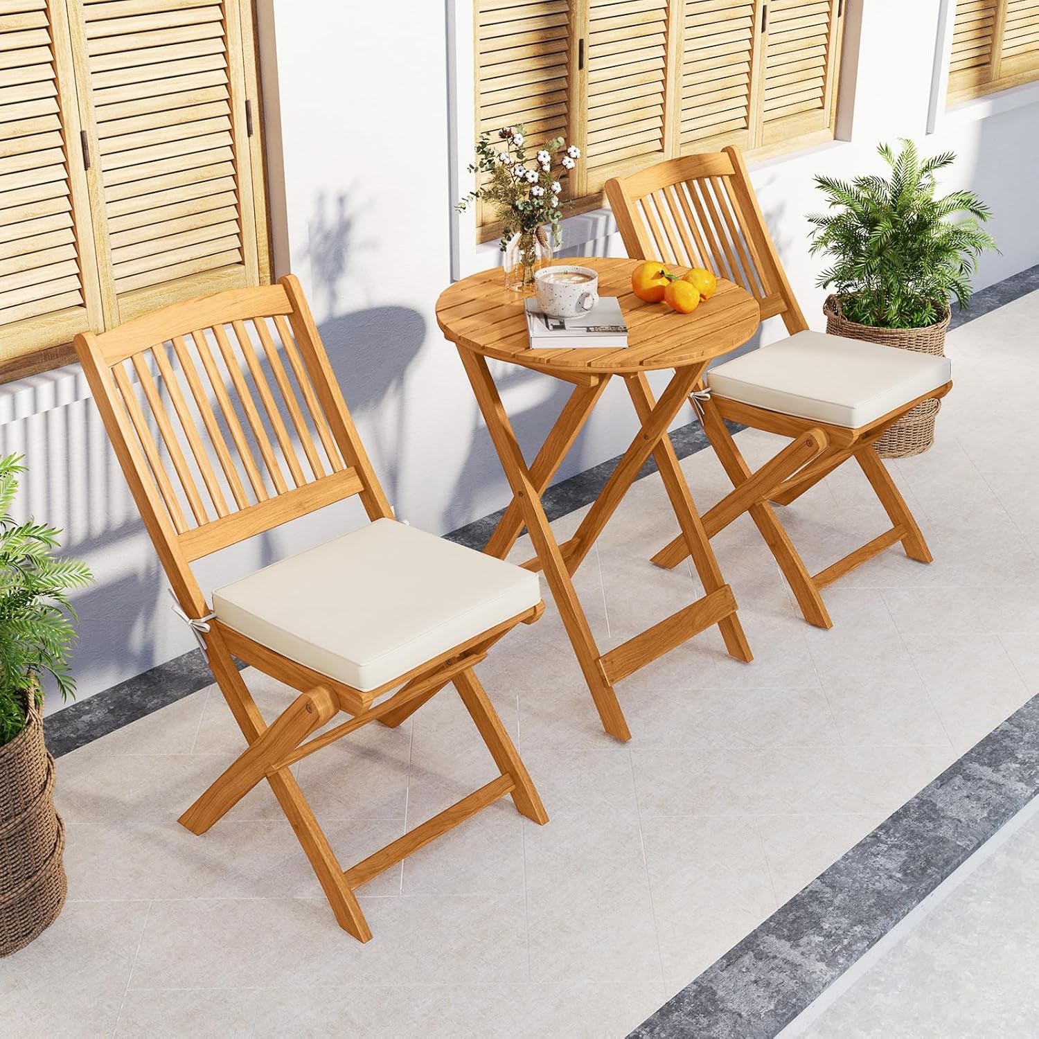 3 Pieces Acacia Wood Patio Folding Bistro Set, Outdoor Table and Chairs Set with Soft Cushions, Patio Furniture Set for Porch, Balcony, Garden, Deck and Backyard