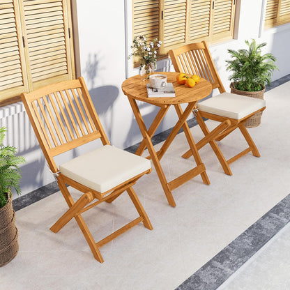 3 Pieces Acacia Wood Patio Folding Bistro Set, Outdoor Table and Chairs Set with Soft Cushions, Patio Furniture Set for Porch, Balcony, Garden, Deck and Backyard