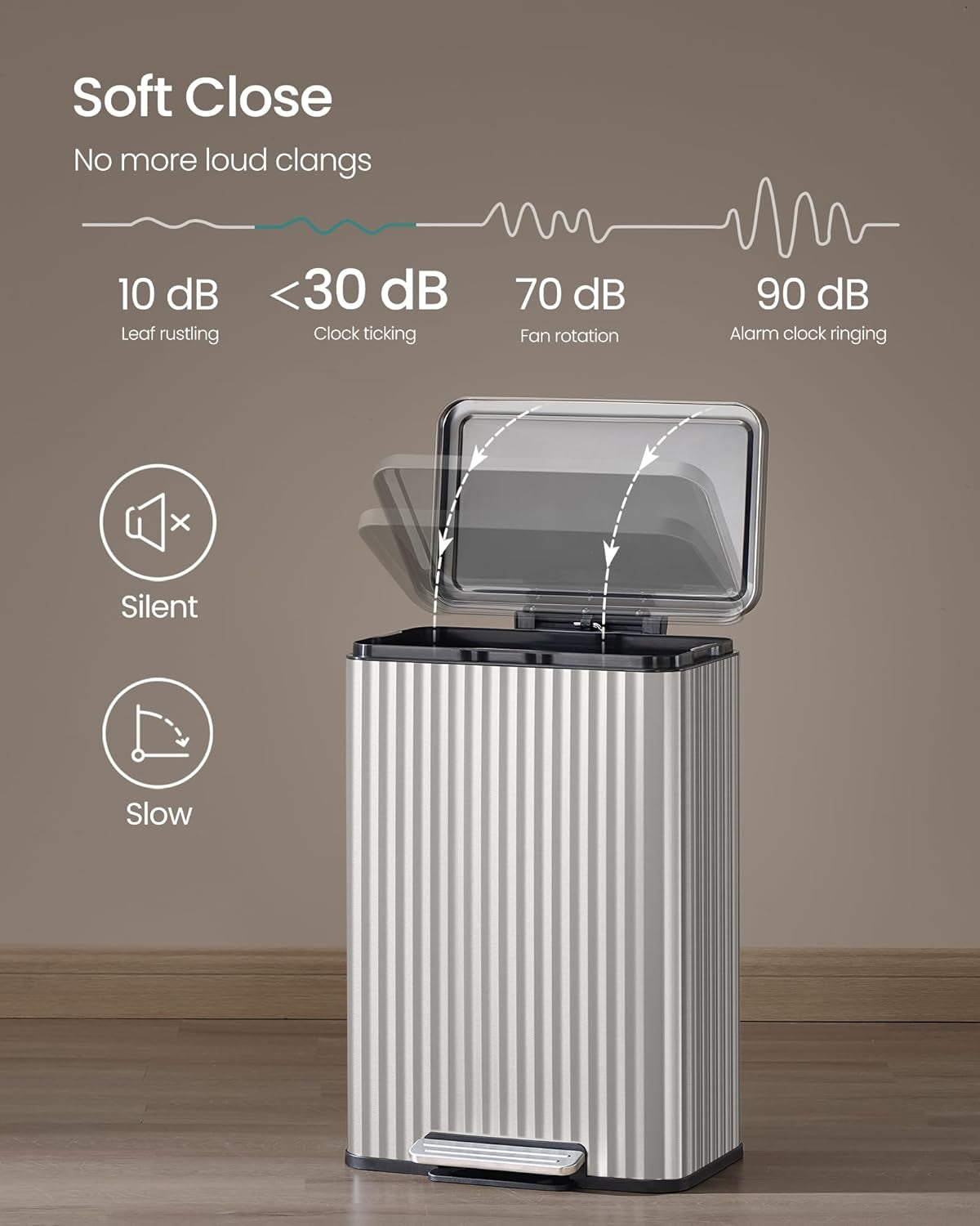 Trash Can, 13 Gallon (50 L) Garbage Can for Kitchen, with Lid, Pedal, and Removable Inner Bucket, Soft Close, Stainless Steel, 15 Trash Bags (Code K) Included, Metallic Silver ULTB586EZ01