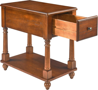 Narrow End Table with Drawer and Storage Shelf, Solid Wood Sofa Side Tables, Slim beside Table-, Telephone for Small Spaces, Living Room, 22"L X 13"W X 22.7"H No-Tools Assembly Caramel Brown BBJ004DR