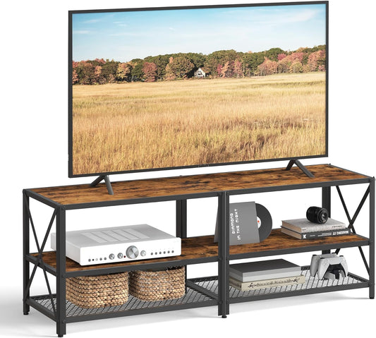 TV Stand, TV Console for Tvs up to 65 Inches, TV Table, 55.1 Inches Width, TV Cabinet with Storage Shelves, Steel Frame, for Living Room, Bedroom, Rustic Brown and Black ULTV094B01