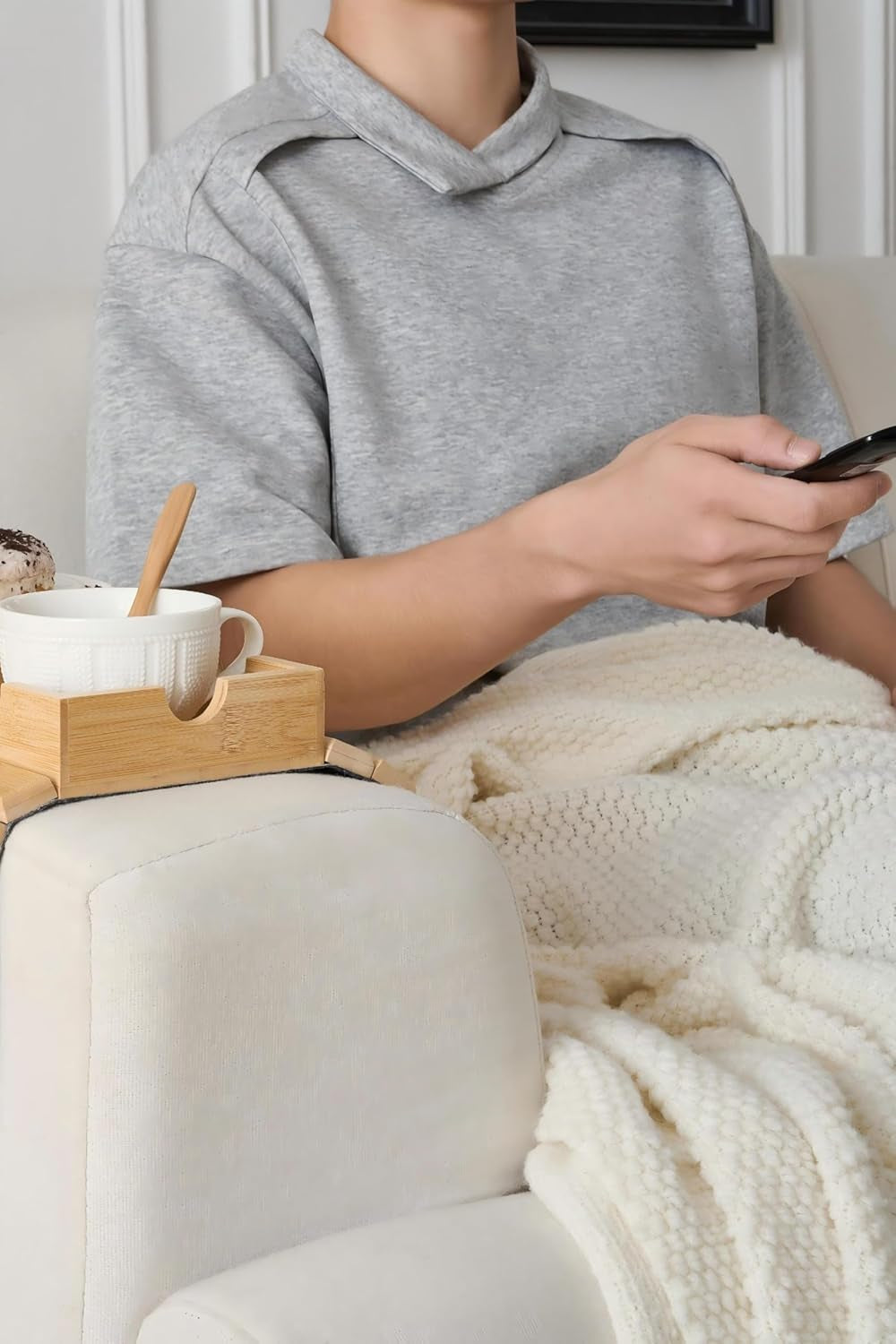 Sofa Arm Tray, Bamboo Large Couch Cup Holder with Hidden Storage, Sofa Armrest Tray Portable Anti-Spill Beverage Snack Remote Holder
