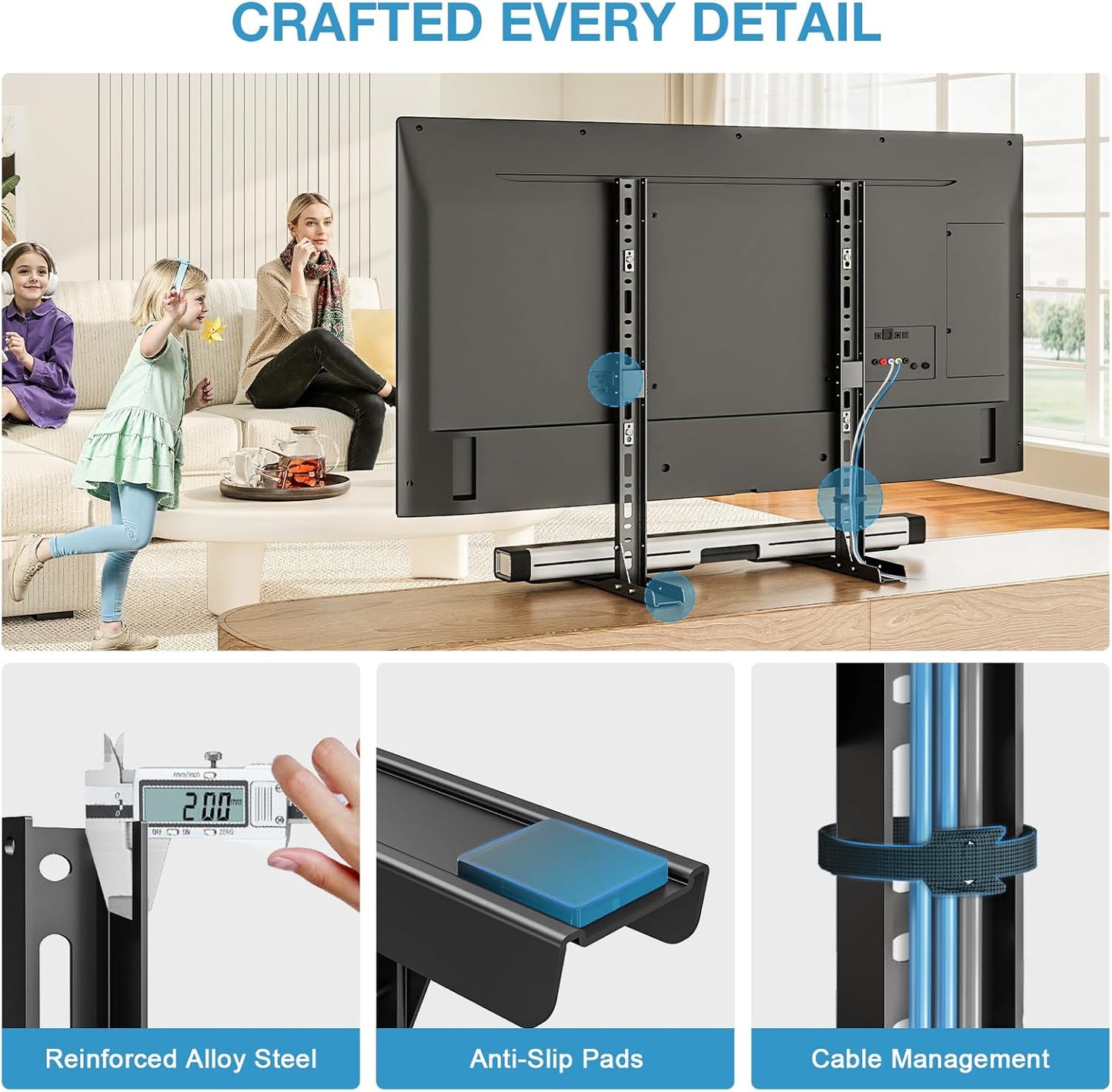 Universal Table Top TV Stand for 20-75 Inch Flat Curved Tvs, Height Adjustable TV Legs with Cable Management, Great Load-Bearing Replacement TV Base Holds up to 110Lbs, Max VESA 800X600Mm, Black