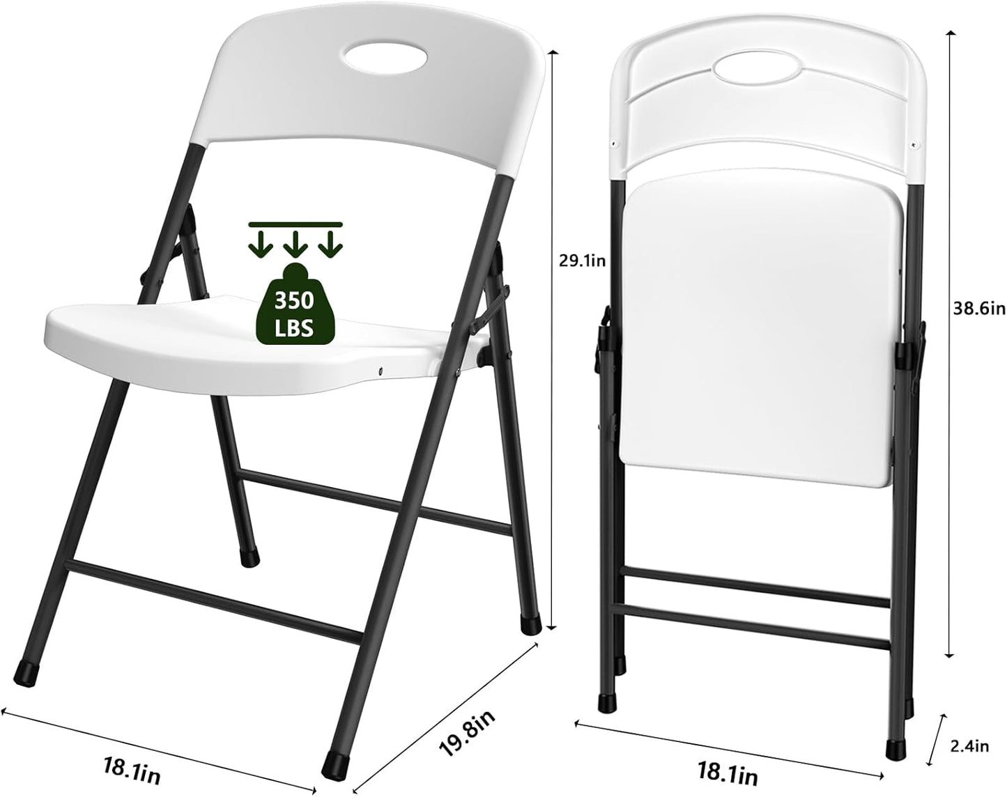 Folding Chair 4 Pack, Outdoor Plastic Sturdy Metal White Folding Chairs for outside Indoor, Portable 350 Lbs Capacity Heavy Duty Foldable Commercial Seating for Picnic, Party, Patio