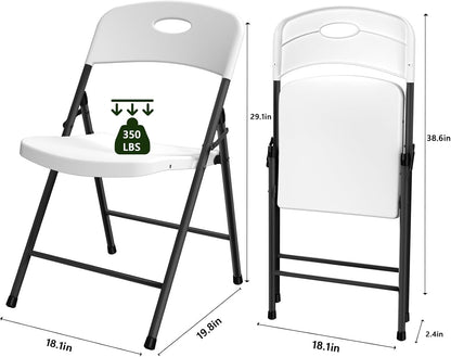Folding Chair 4 Pack, Outdoor Plastic Sturdy Metal White Folding Chairs for outside Indoor, Portable 350 Lbs Capacity Heavy Duty Foldable Commercial Seating for Picnic, Party, Patio