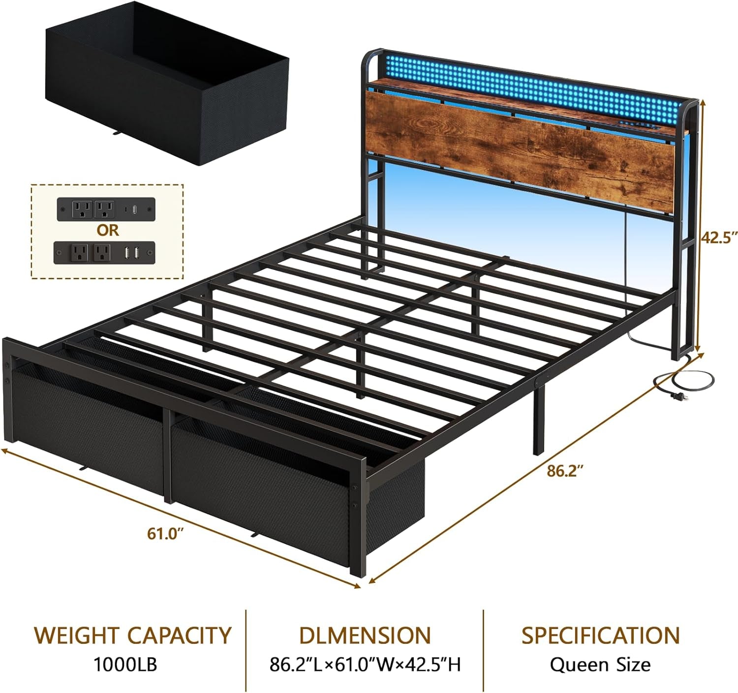 Queen Size Bed Frame with Headboard Storage, Platform Bed Frame Queen Size with 2 Drawers, Charging Station and LED Lights, No Box Spring Needed, Noise Free, Easy Assembly (1000 Lbs Capacity)