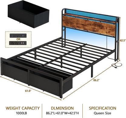 Queen Size Bed Frame with Headboard Storage, Platform Bed Frame Queen Size with 2 Drawers, Charging Station and LED Lights, No Box Spring Needed, Noise Free, Easy Assembly (1000 Lbs Capacity)