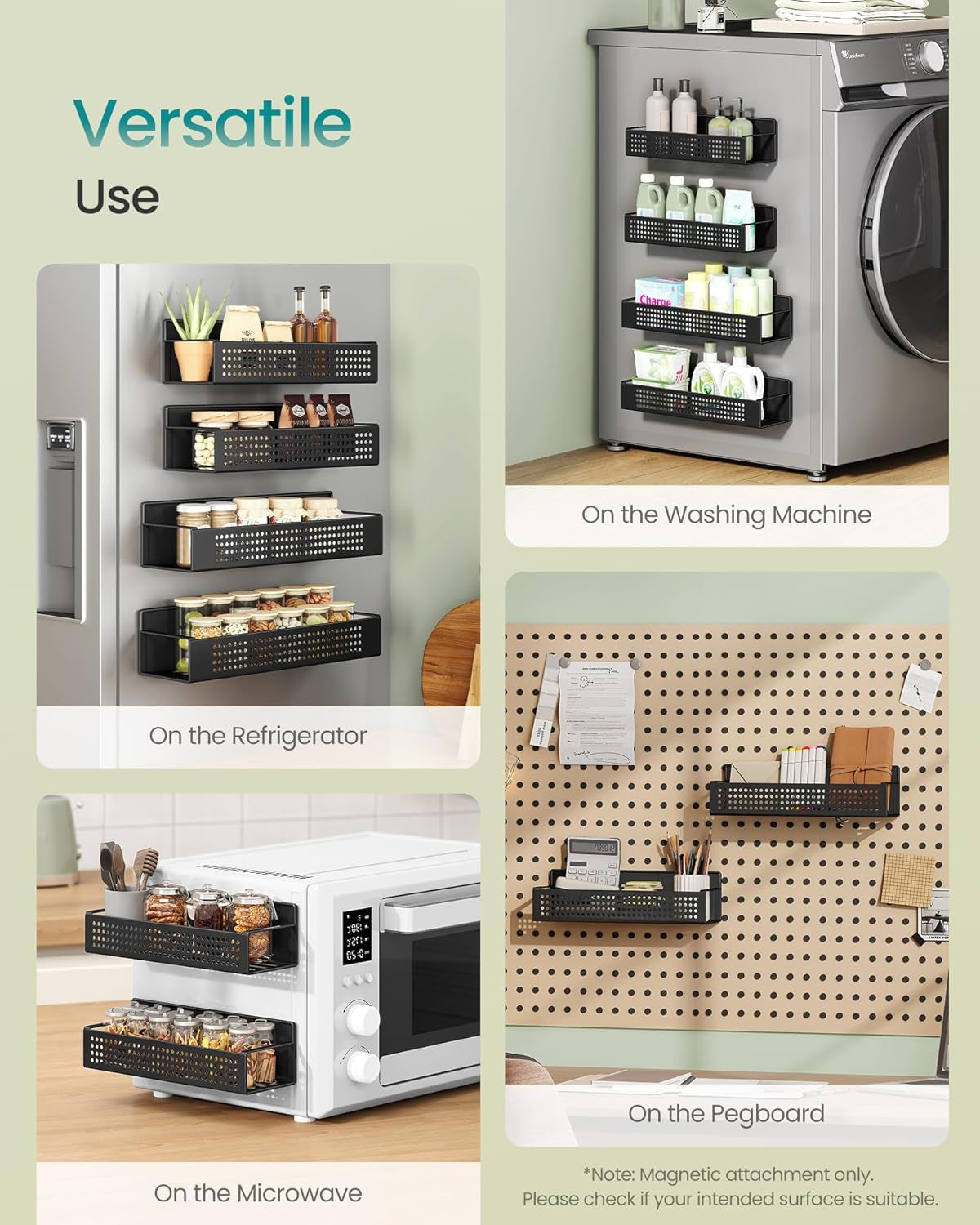 Magnetic Spice Rack for Refrigerator, Set of 4, 2 Large and 2 Small Kichen Magnetic Shelves for Microwave, Washing Machine, Spice Organizers, No Drilling Needed, Ink Black UKCS061B01