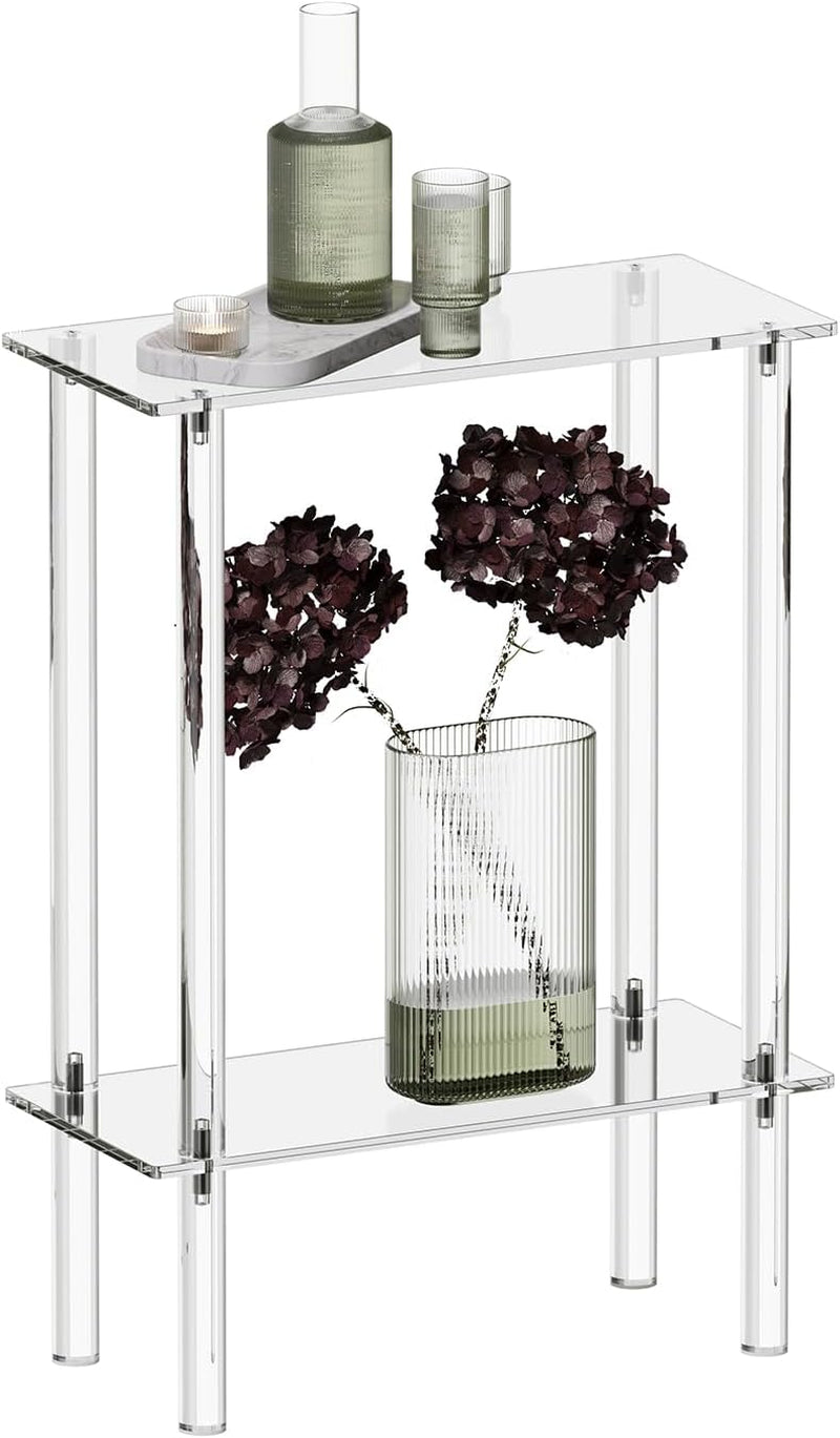 Acrylic Narrow Side Table for Small Spaces, 7" Wide Skinny Nightstand/Bedside Table for Bedroom, Slim Small End Table, 2 Tier, 15.7" L X 21.8" H, Clear
