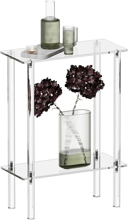 Acrylic Narrow Side Table for Small Spaces, 7" Wide Skinny Nightstand/Bedside Table for Bedroom, Slim Small End Table, 2 Tier, 15.7" L X 21.8" H, Clear