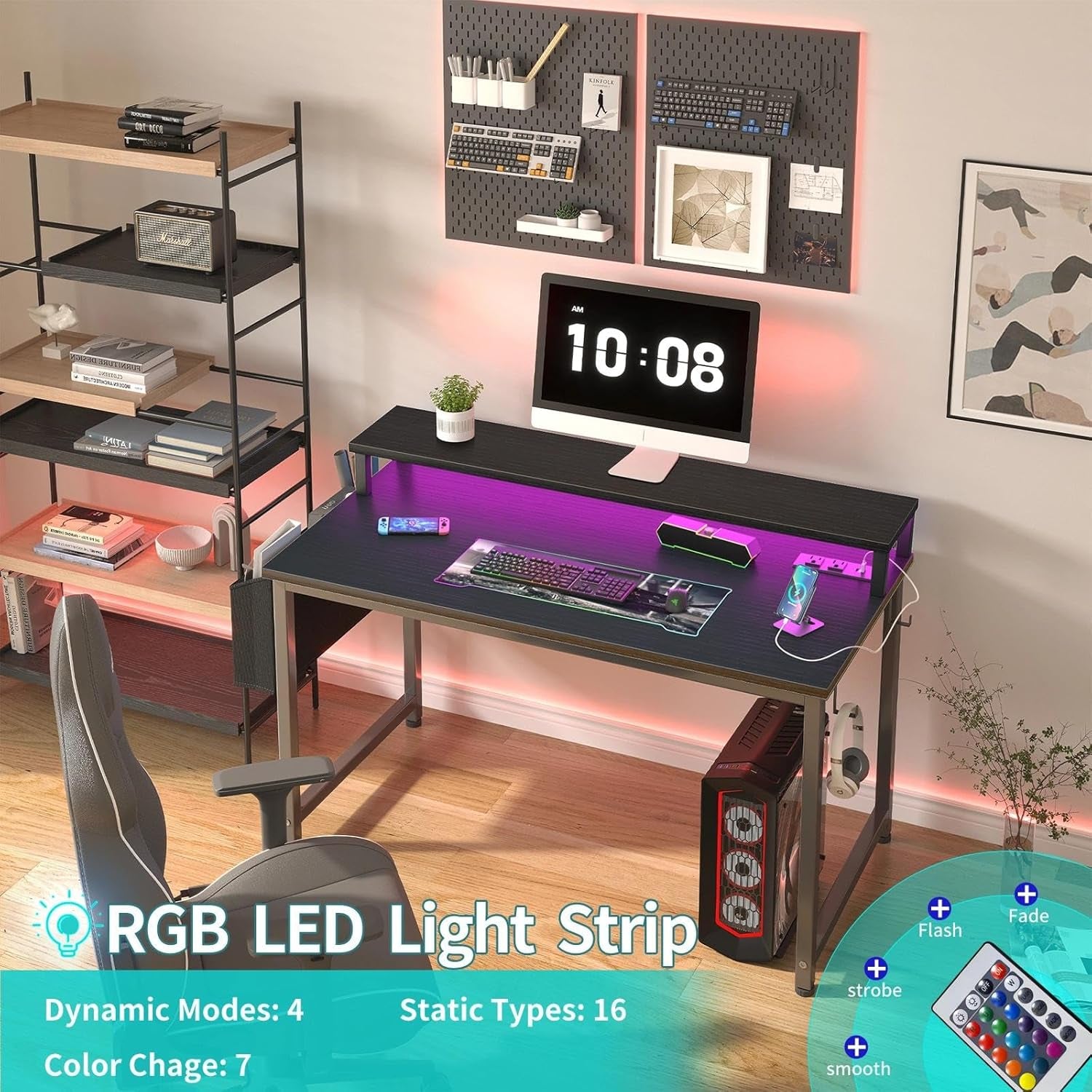 Small Desk with Power Outlets and LED Lights, 32 Inch Teen Writing Study Table Home Office Computer Desks with Monitor Stand, Gaming Desk with Charging Station, Black