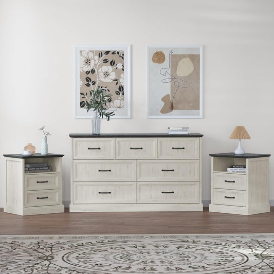 3 Pcs Farmhouse Dresser and Nightstand Sets for Bedroom, 7 Drawer Dresser & Nightstand Set of 2, Rustic Wooden Chest of Drawers Wide Storage Organizer for Bedroom, White