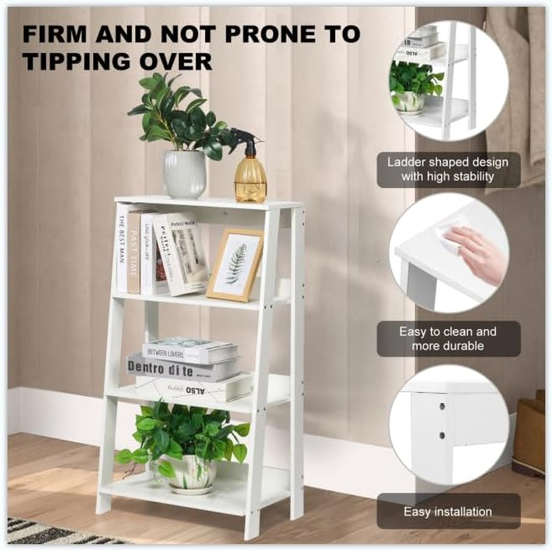 4-Tier Ladder Bookshelf, White Wood Display Storage Rack, Modern A-Frame Bookcase for Living Room Bedroom Office, 33.4H X 19.6W X 11.8D Inches