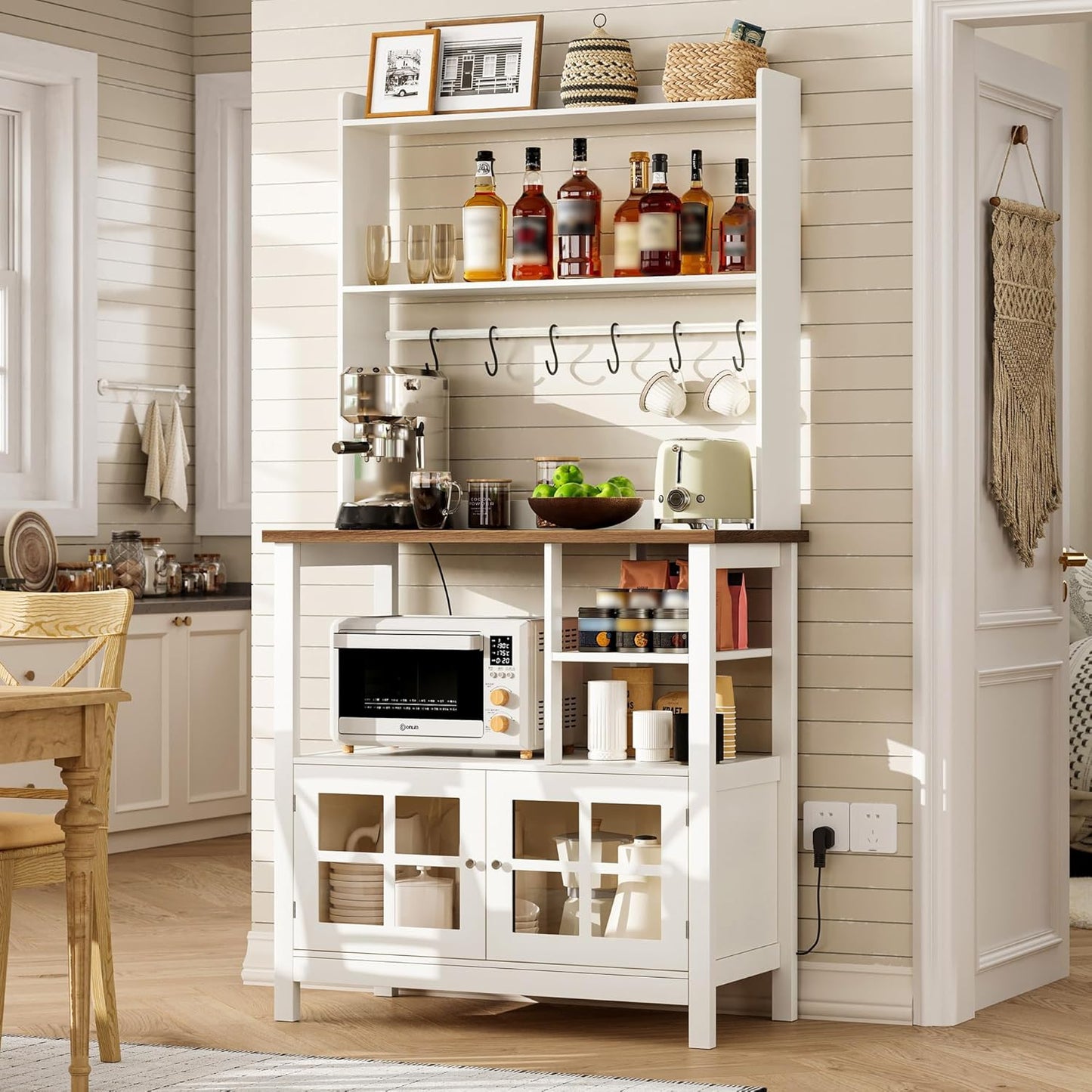 Farmhouse Bakers Rack with Power Outlets and Storage, Coffee Bar Cabinet with Storage, Microwave Stand Kitchen Cabinet with Hutch and 6 Hooks, Soft White & Brown