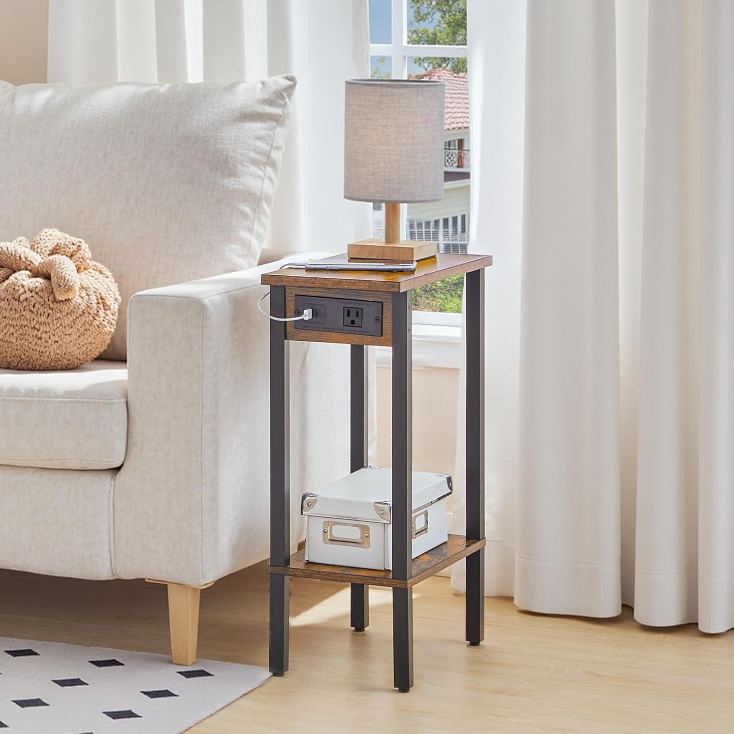 Small End Table with Charging Station, Narrow Side Table with USB Port and Outlets, Skinny Sofa Table, Slim Nightstand, Living Room, Bedroom, Rustic Brown and Black BF240UBZ01