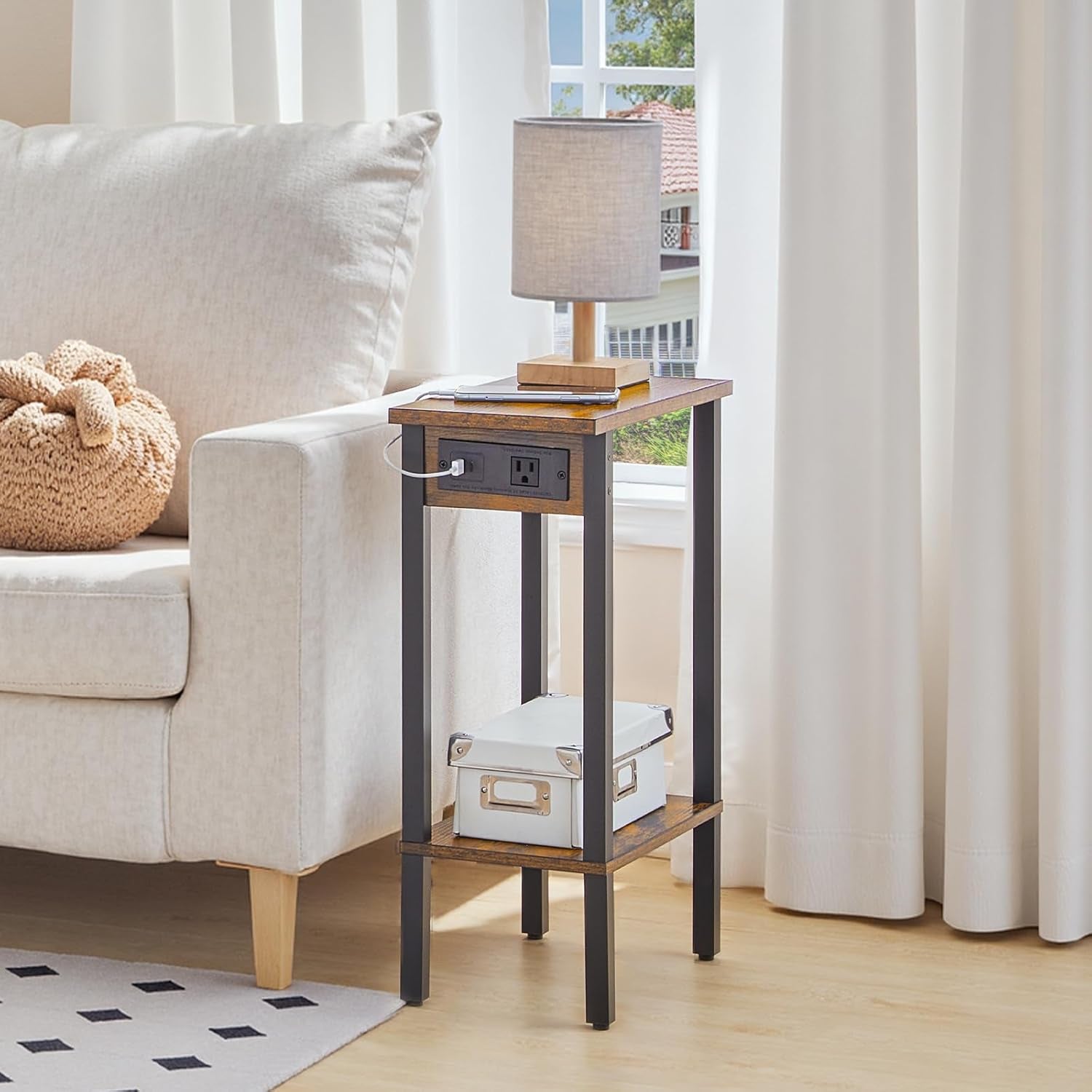 Small End Table with Charging Station, Narrow Side Table with USB Port and Outlets, Skinny Sofa Table, Slim Nightstand, Living Room, Bedroom, Rustic Brown and Black BF240UBZ01