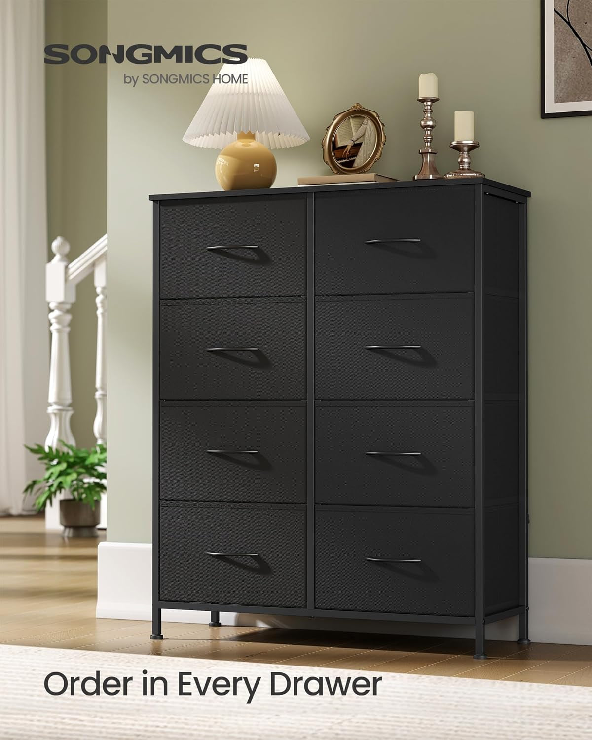 Dresser for Bedroom, Chest of Drawers, Steel, MDF, 8 Non-Woven Fabric Drawers, Storage Organizer Unit, Closet, Entryway, Ink Black and Ebony Black LGS124B01S