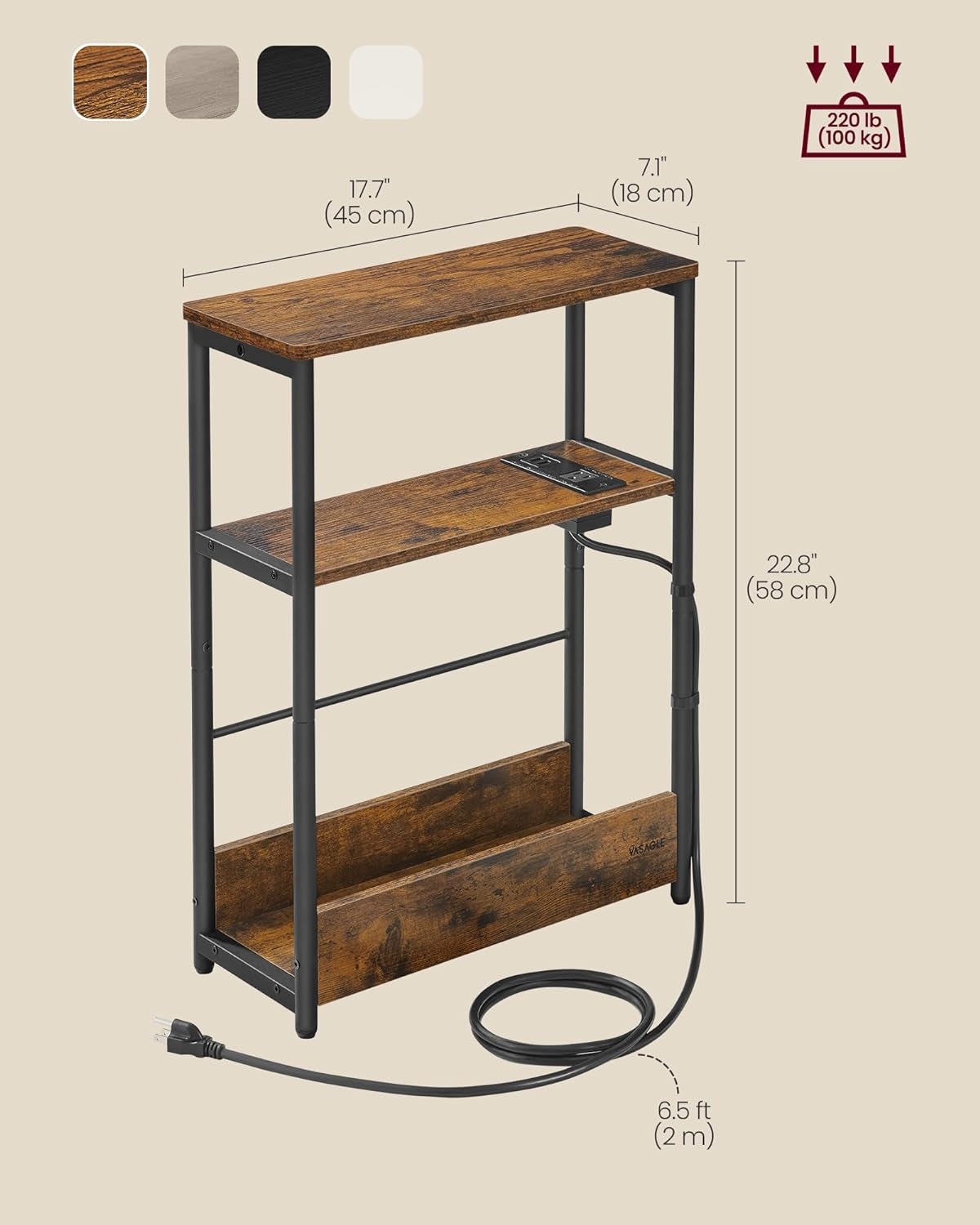Side Table with Charging Station, Narrow End Table, 3-Tier Nightstand, Sofa Table for Small Spaces, Magazine Rack, for Living Room, Bedroom, Study, Rustic Brown and Ink Black ULET335K01