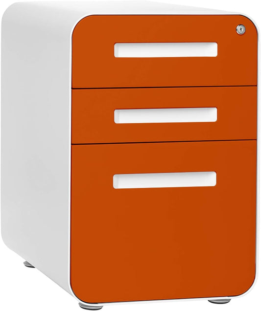 Stockpile 3 Drawer File Cabinet with Lock - under Office Desk Metal Filing Cabinet, Legal/Letter File Folders, Wheels and Stationary Feet, Pre-Assembled, Orange Faceplate