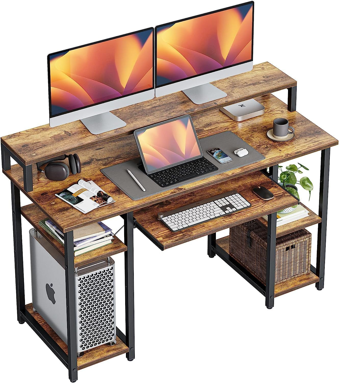 Computer Desk with Keyboard Tray, 47 Inch Office Desk with Monitor Stand and Storage Shelves, Music Studio Desk Workstation, Work Table for Home Office, Rustic Brown