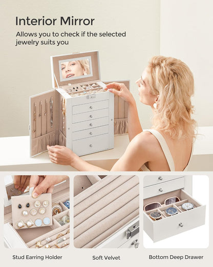 6 Tier Jewelry Box, Jewelry Storage Organizer with 5 Drawers, Large Storage Capacity, with Mirror, Lockable, Jewelry Case, Gift for Loved Ones, for Watches, White UJBC152W01