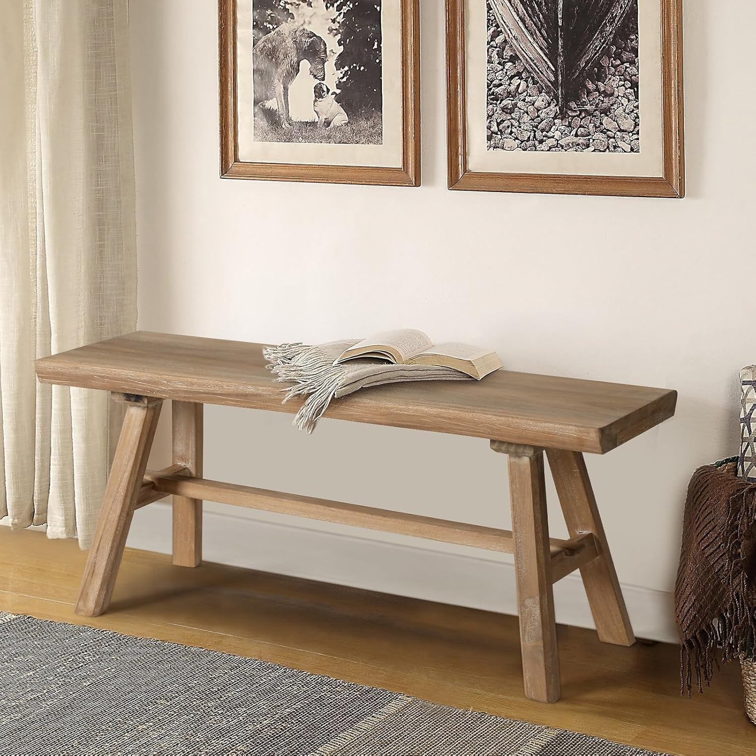 39" Farmhouse Wood Bench, Rustic Solid Wood Dining Room & Entryway Bench Seat for Indoors, Easy Assembly, Natural