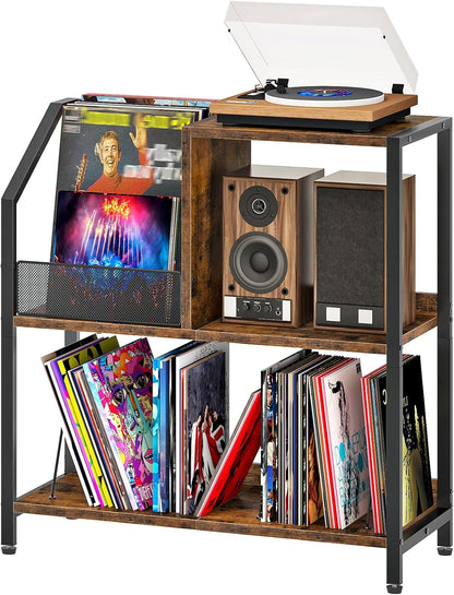 Large Record Player Stand, Vinyl Record Holder, Vinyl Display Rack, Rustic Turntable Display Stand, for Books, Rustic Brown and Black TCW08BF