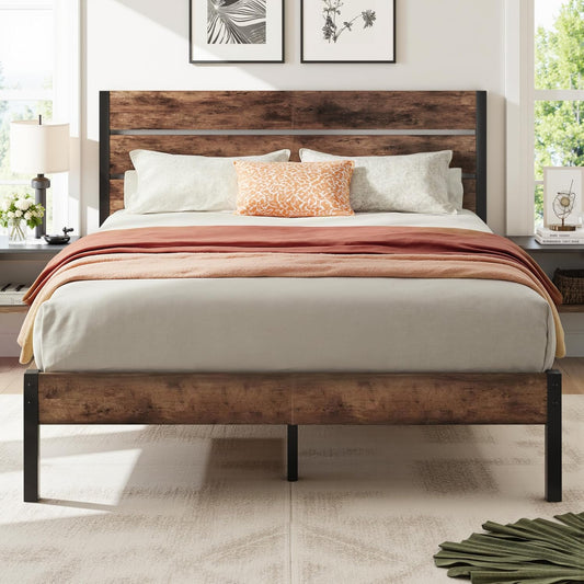 Queen Bed Frame with Headboard and Footboard, Metal Queen Bed Frame with Under-Bed Storage, All-Metal Support System, No Box Spring Needed, Easily Assemble, Rustic Brown
