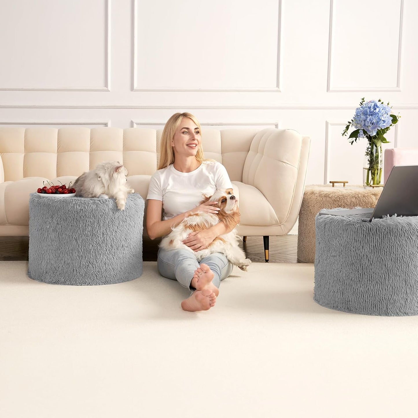 round Pouf Ottoman Foot Rest, 17 X 14 Small Faux Fur Stuffed Pouf for Chair, Foam Filled Foot Stools Ottomans for Living Room, Grey