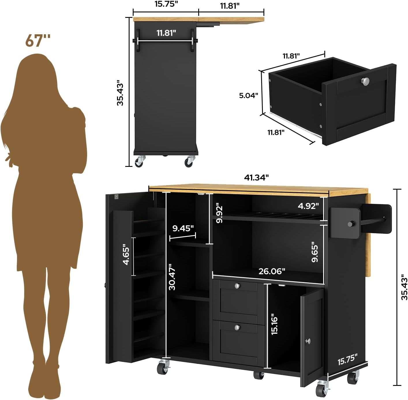 Rolling Kitchen Island with Storage Cabinet, 41.3'' Width Kitchen Cart with Desktop Drop Leaf Countertop, Portable Mobile Kitchen Island with Towel Rack, Spice Rack Shelf and Lockable Wheels, Black