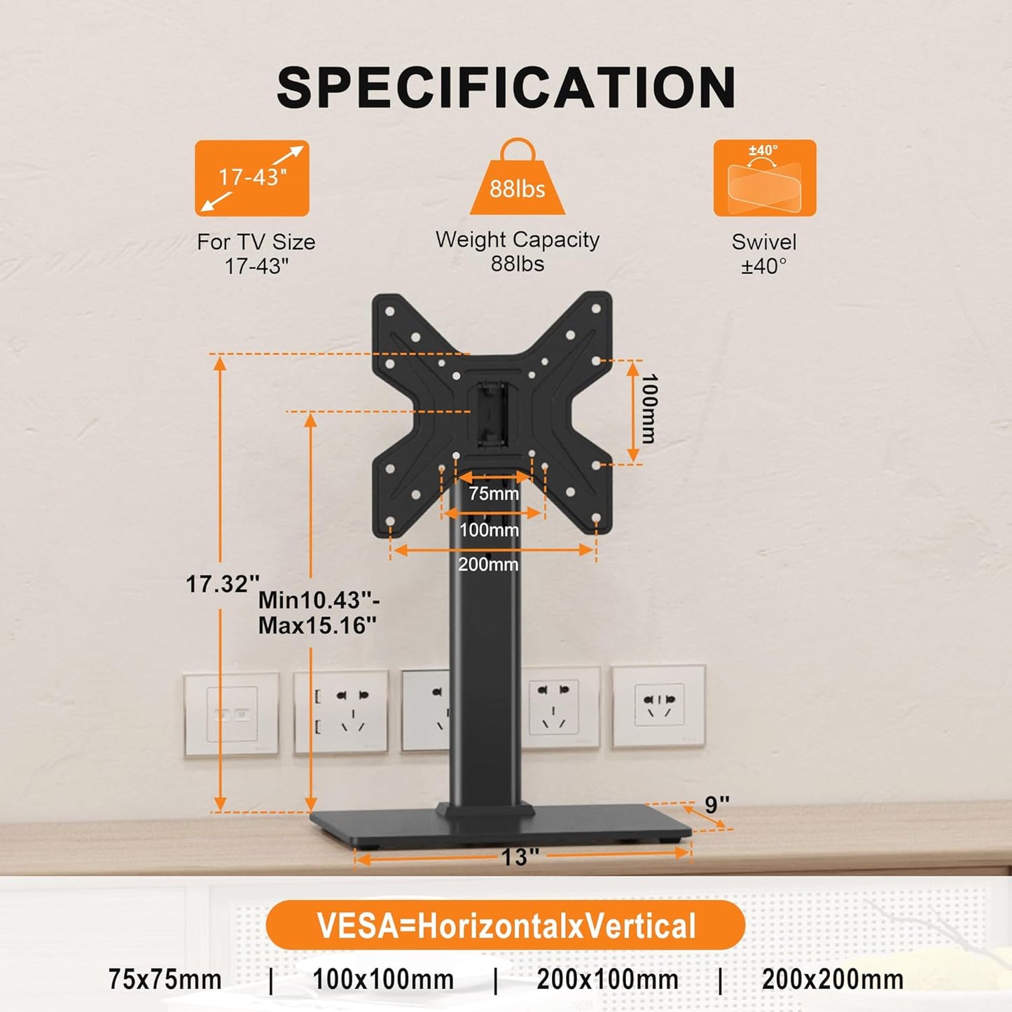 Universal Swivel TV Stand Base Table Top TV Stand for 17-43 Inch Tvs Height Adjustable Monitor Mount Stand, Holds up to 88Lbs, Max VESA 200X200Mm, TS205