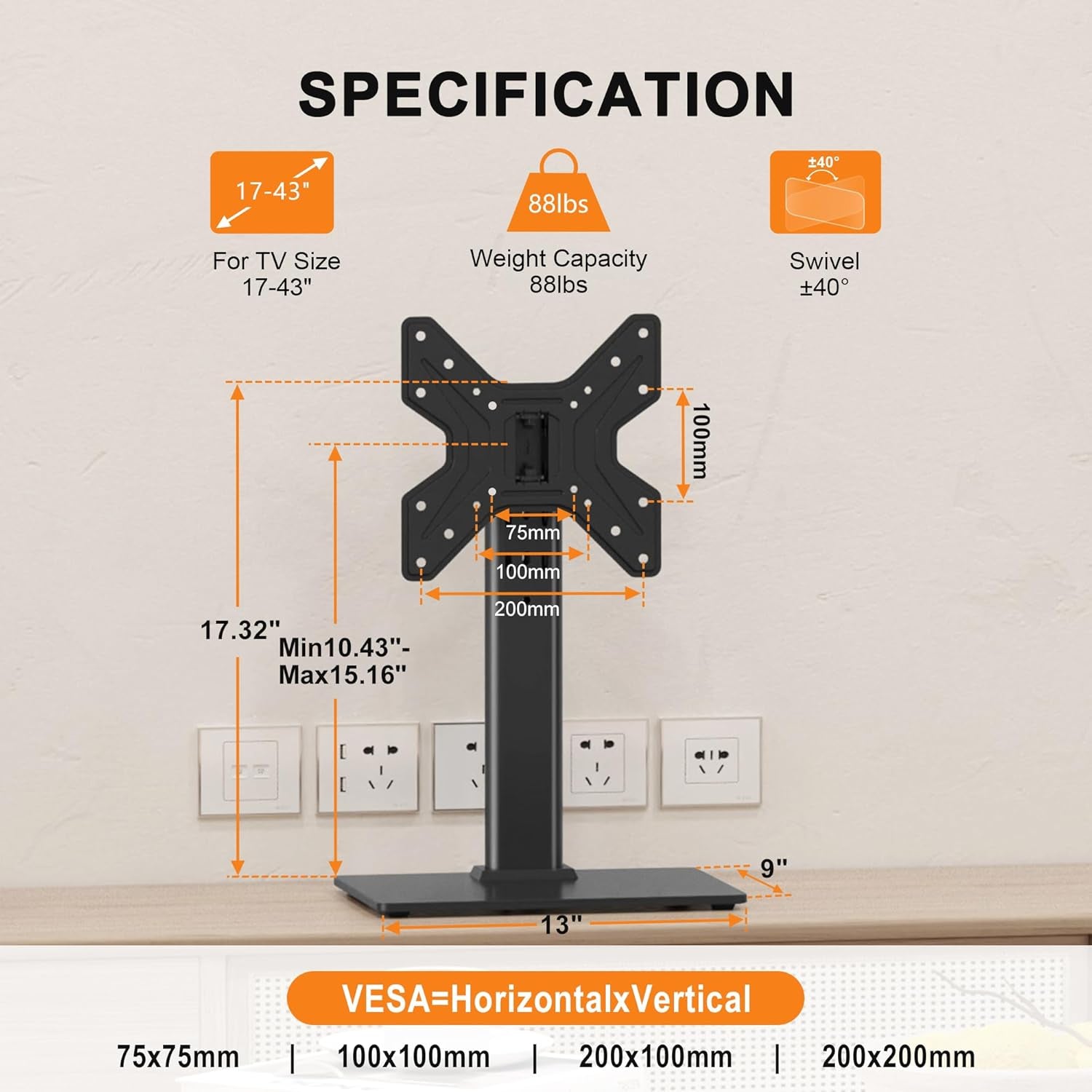 Universal Swivel TV Stand Base Table Top TV Stand for 17-43 Inch Tvs Height Adjustable Monitor Mount Stand, Holds up to 88Lbs, Max VESA 200X200Mm, TS205