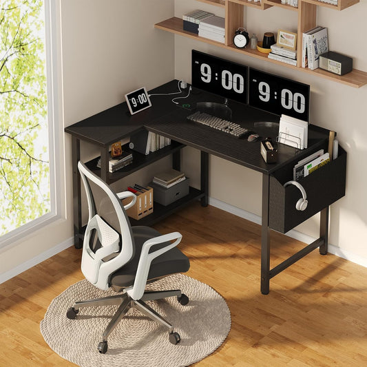 Small L Shaped Gaming Desk with Shelves, 40 Inch Small Corner Computer Gaming Desk for Boys Teens Bedroom, Study Work PC Desks for Home Office Bedroom, Black