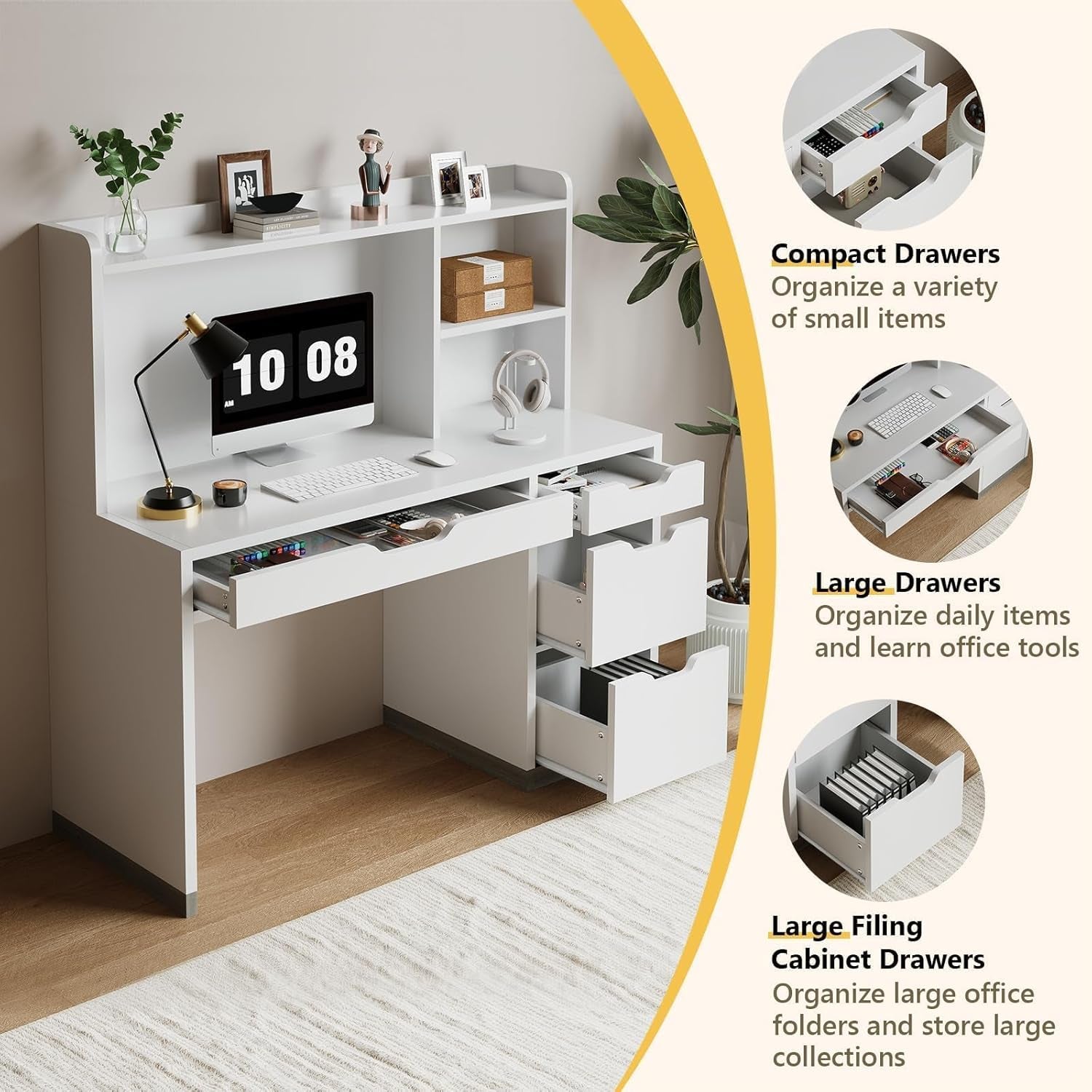 White Desk with Hutch and Drawers, 53 Inch Computer Desk with Storage File Drawer, White Study Desk with 4 Drawers for Bedroom, Small Space