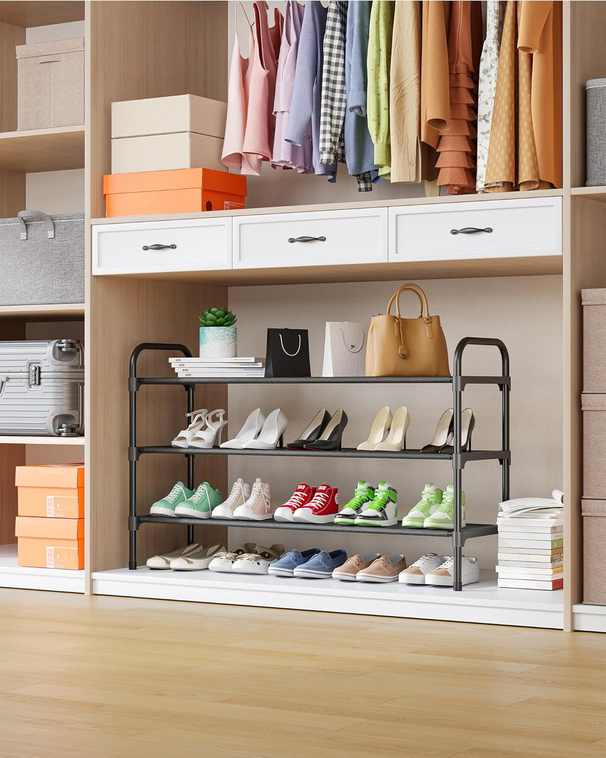 Extra-Long Shoe Rack for Closet, Shoe Organizer for Front Door Entrance, Stackable Shoe Shelf, Detachable Closet Organizers and Storage, 39.0" Wide - 3 Tier, Black