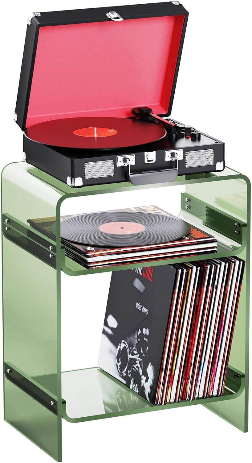 Acrylic Record Player Table with Storage Shelf, Clear Side Table Nightstand (Green, Large)