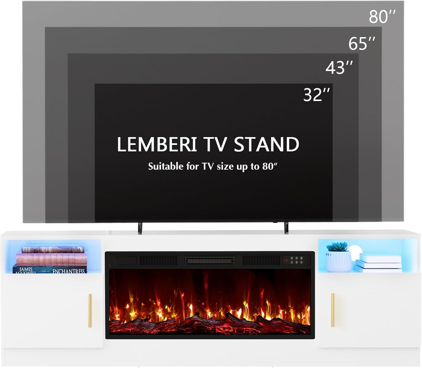 Fireplace Tv Stand with 36 Inch Fireplace up to 80" Tvs,Led Light Entertainment Center and Storage, 70" Modern Wood Media TV Console with Highlight Cabinet for Living Room (White)