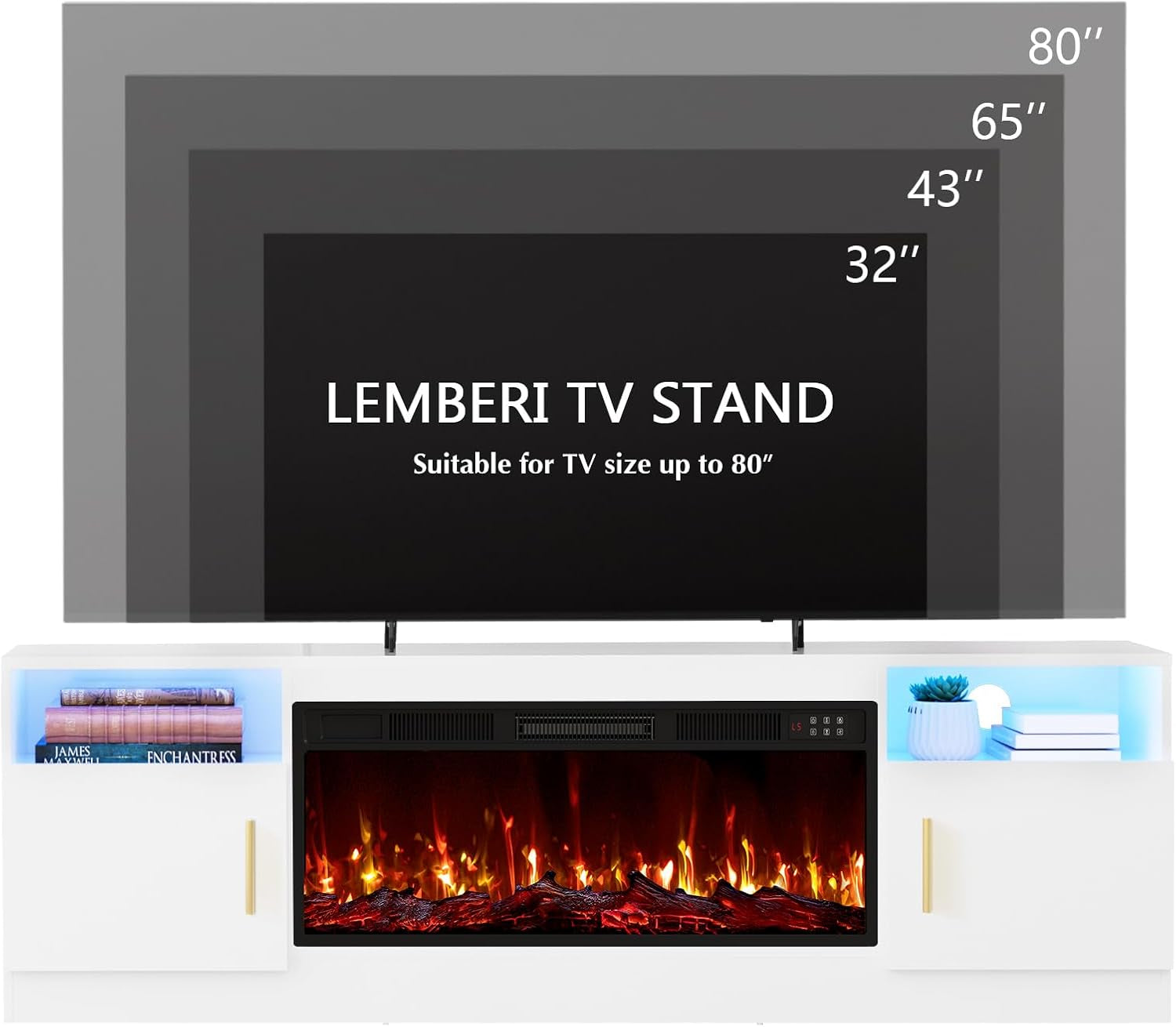 Fireplace Tv Stand with 36 Inch Fireplace up to 80" Tvs,Led Light Entertainment Center and Storage, 70" Modern Wood Media TV Console with Highlight Cabinet for Living Room (White)