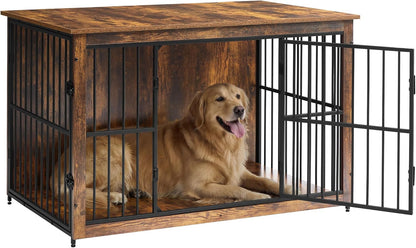 Wooden Dog Crate Furniture, 48 Inches Heavy-Duty Kennel for Dogs up to 110 Lb, with Double Doors and Enclosed Wood Base, Modern Pet Cage End Table Indoor, Rustic Brown