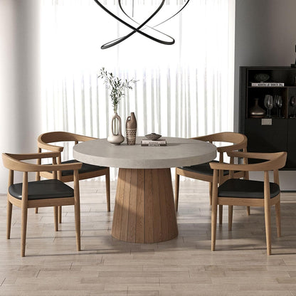 round Extendable Dining Table with Pedestal Base, 39"-55" Expandable Dining Room Table Oval Kitchen Dinette Table for 4-6 (Gray & Walnut)