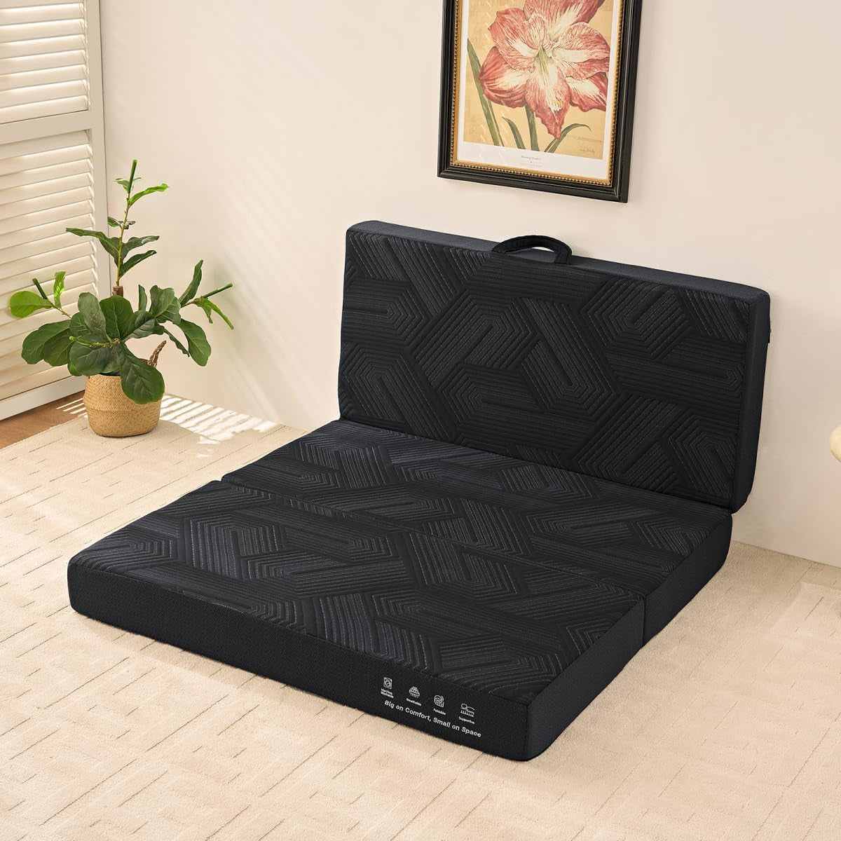 Memory Foam Mattress, Twin Size 6 Inch Tri-Fold Mattress, Handles and Non-Slip Bottom, Mattress Topper with Washable Cover, Foldable Bed for Yoga, Living Room, Camping, 75"X 38" X 6", Black