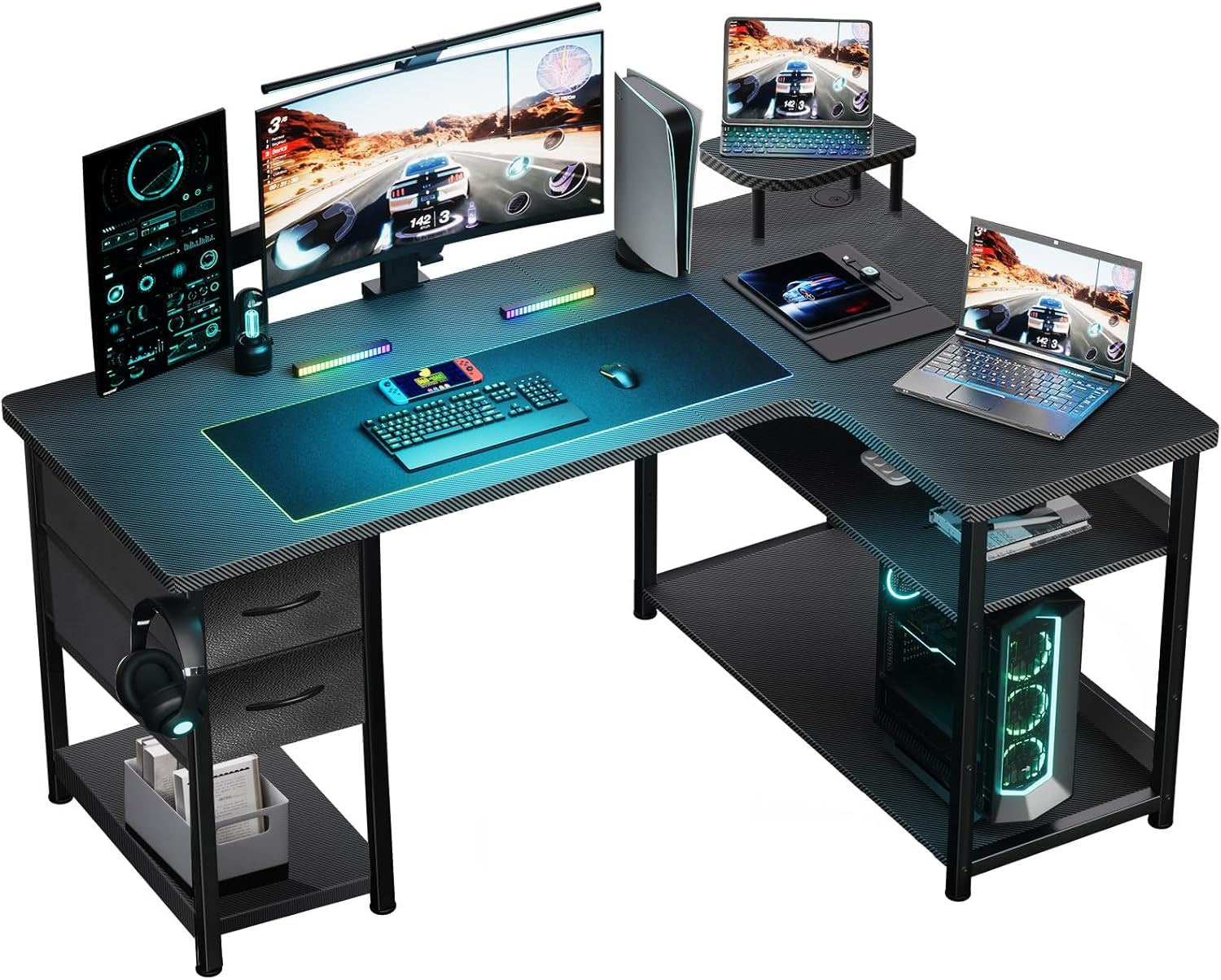 Gaming Desk with Drawers, Carbon Fiber Style L Shaped Computer Desk Compatible with Monitor Arm Corner Desk Gaming Table for Home Office Desks, Easy to Assemble Adjustable Shelf Height