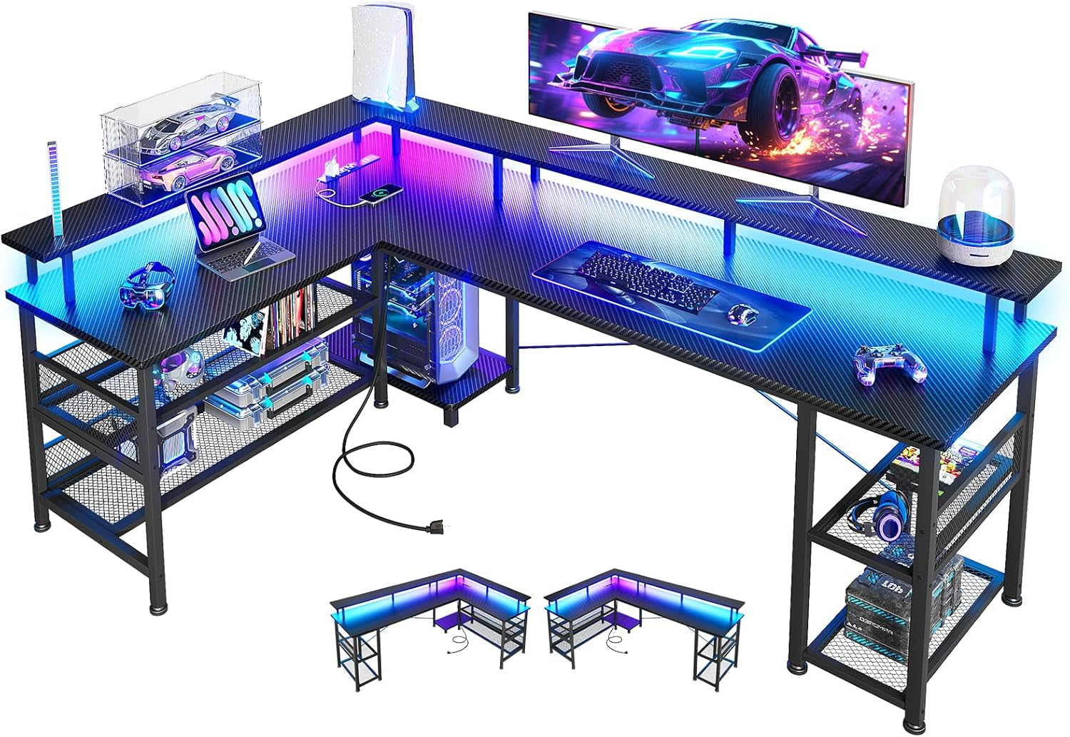 66" L Shaped Gaming Desk with Power Outlet and LED Lights, PC Gaming Table with Carbon Fiber Texture, Reversible L Shape Desk with Storage Shelves & Monitor Stand, Home Office Desk, Black