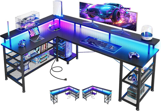 66" L Shaped Gaming Desk with Power Outlet and LED Lights, PC Gaming Table with Carbon Fiber Texture, Reversible L Shape Desk with Storage Shelves & Monitor Stand, Home Office Desk, Black