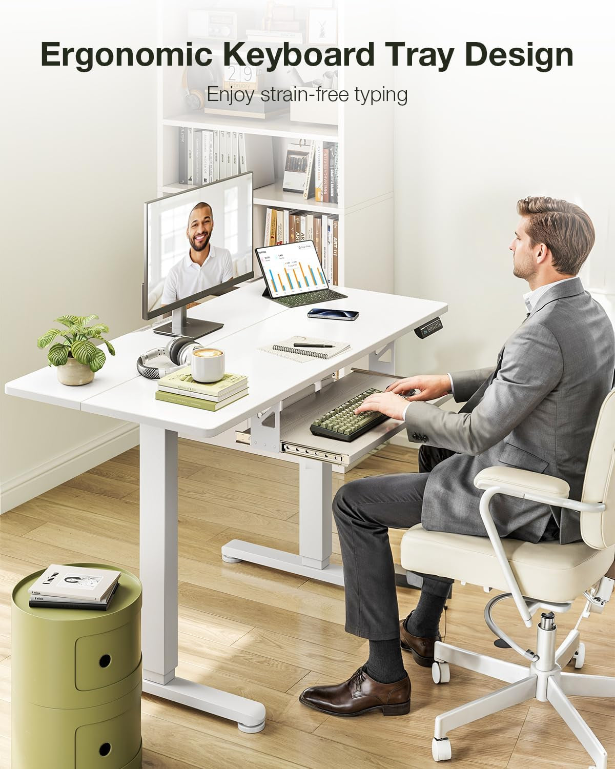 Electric Standing Desk with Keyboard Tray, 40 Inch Height Adjustable Small Table, Sit Stand Table, Writing Computer Desk for Home, Office, Workstation, White