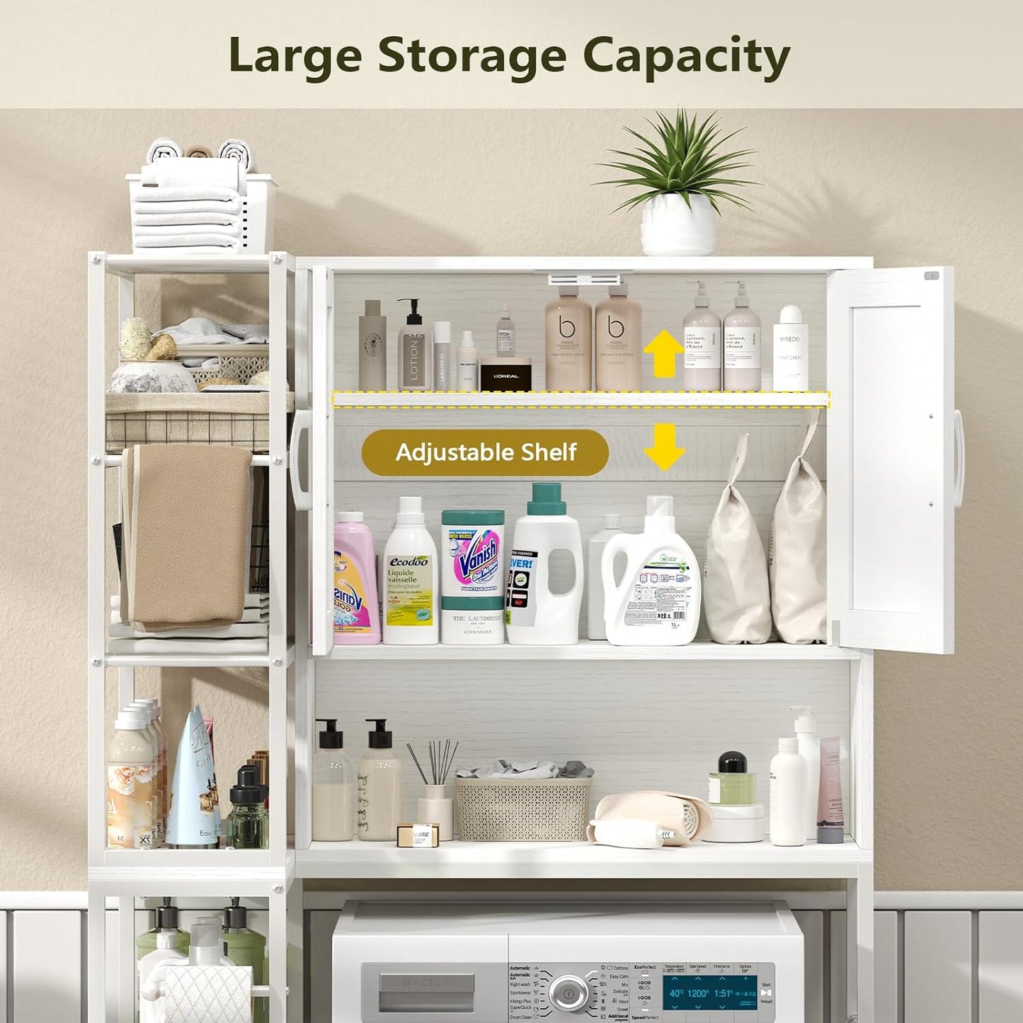 over the Toilet Storage Cabinet with Doors, 7 Tier over Toilet Bathroom Organizer with Adjustable Shelf, Freestanding Space Saver Toilet Rack with Paper Holder for Restroom, Laundry, White