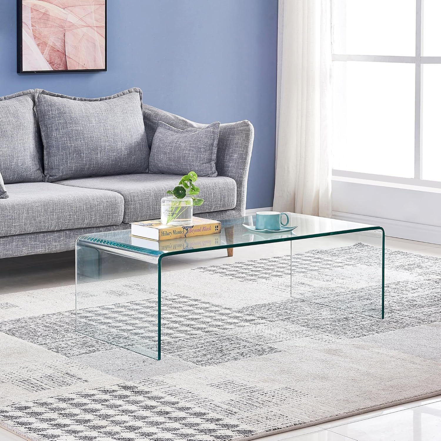 Tempered Glass Coffee Table, Small Clear Modern Coffee Tables with Rounded Edges Bent Home Office Furniture,Glass Sofa End Table 39.4" X 19.7" X 13.8"H